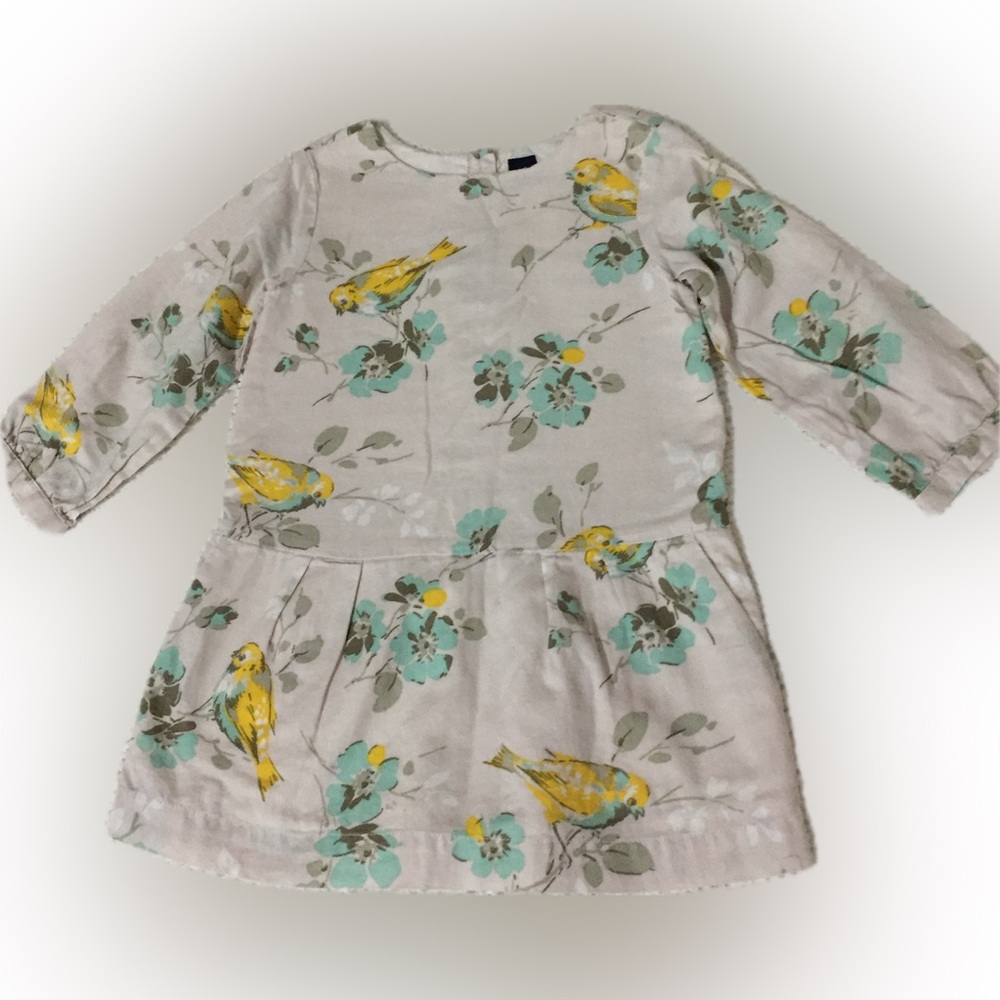 Adorable aqua flowers floral goldfinch bird toddler dress lined 2T Baby Gap 💛🩵